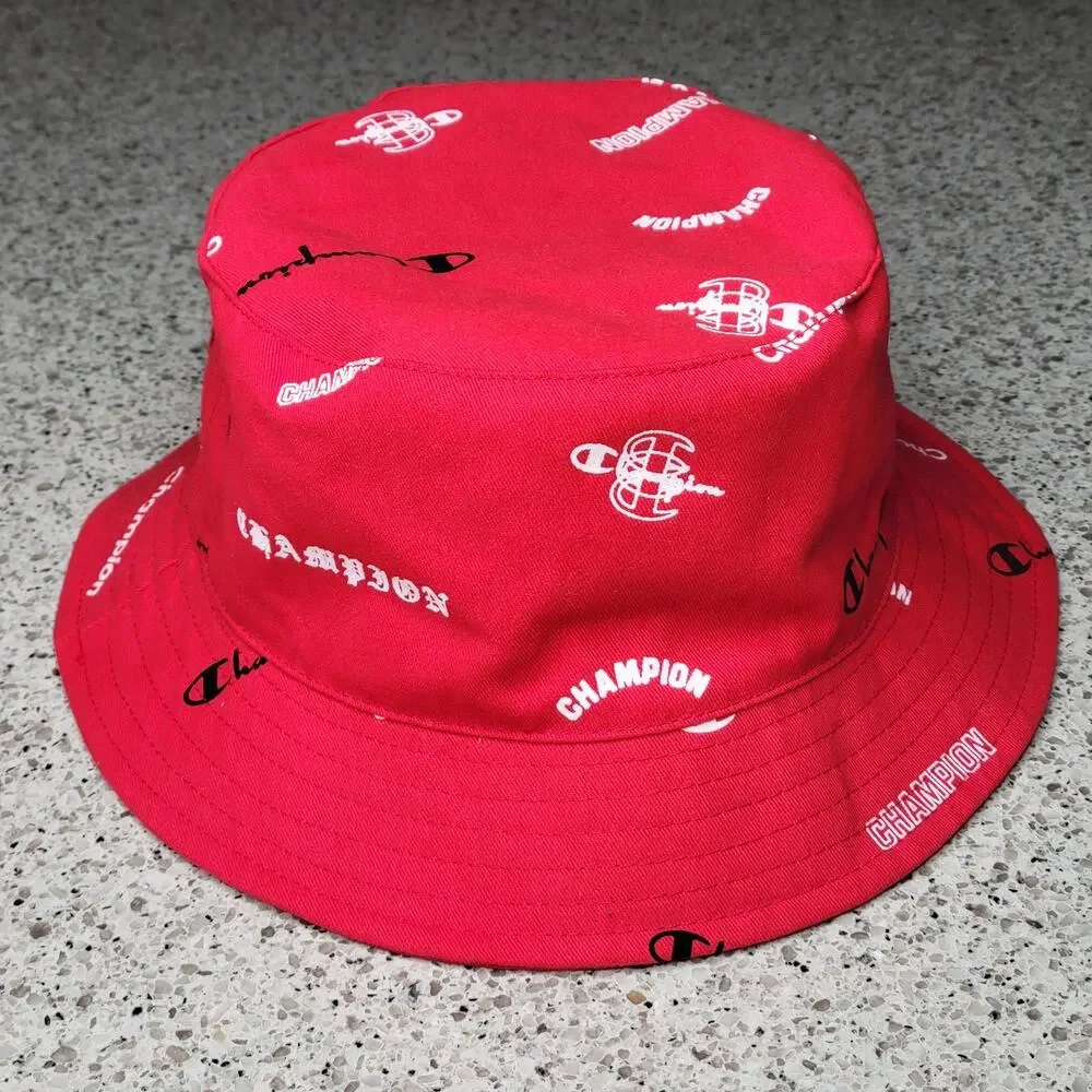 NWOT Champion Reversible Logo Script Bucket Hat L/XL Red All Over Print Spellout